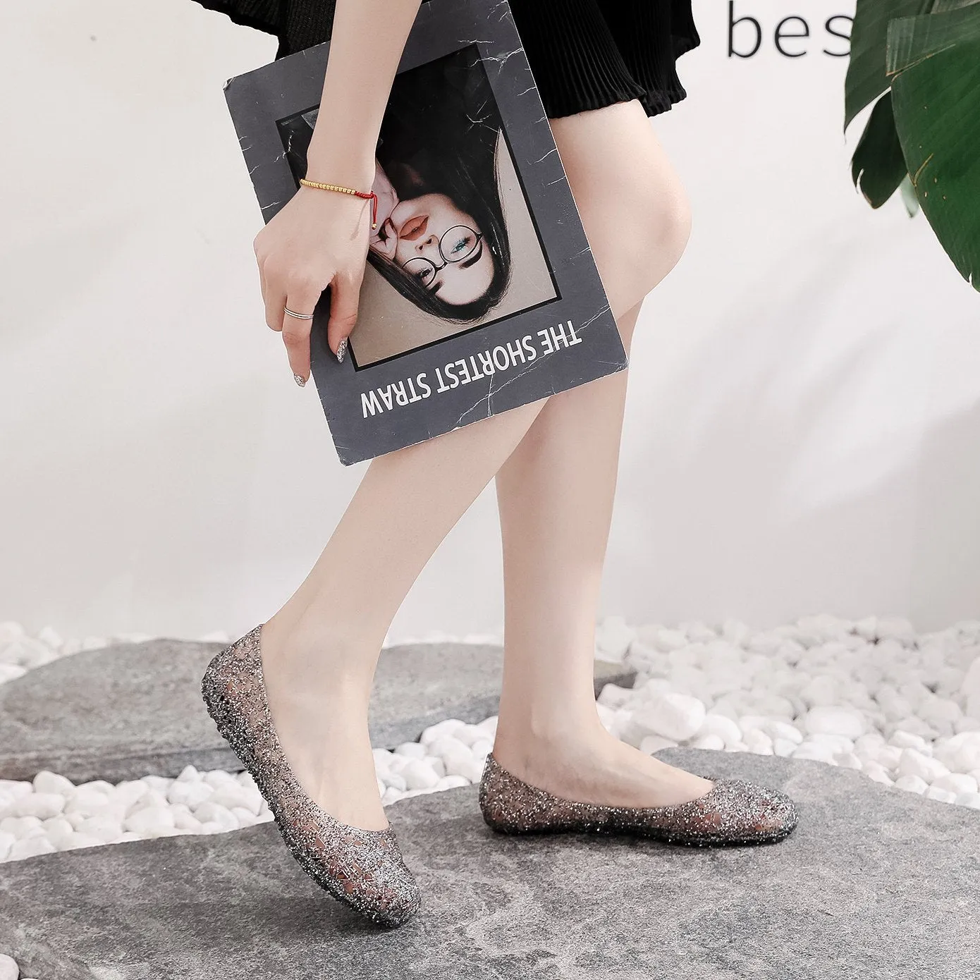 Women's hollow rhinestone jelly flats cute slip on shoes