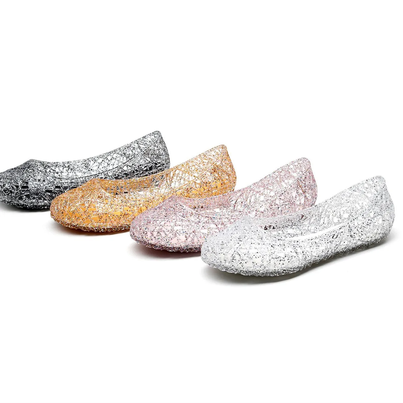 Women's hollow rhinestone jelly flats cute slip on shoes