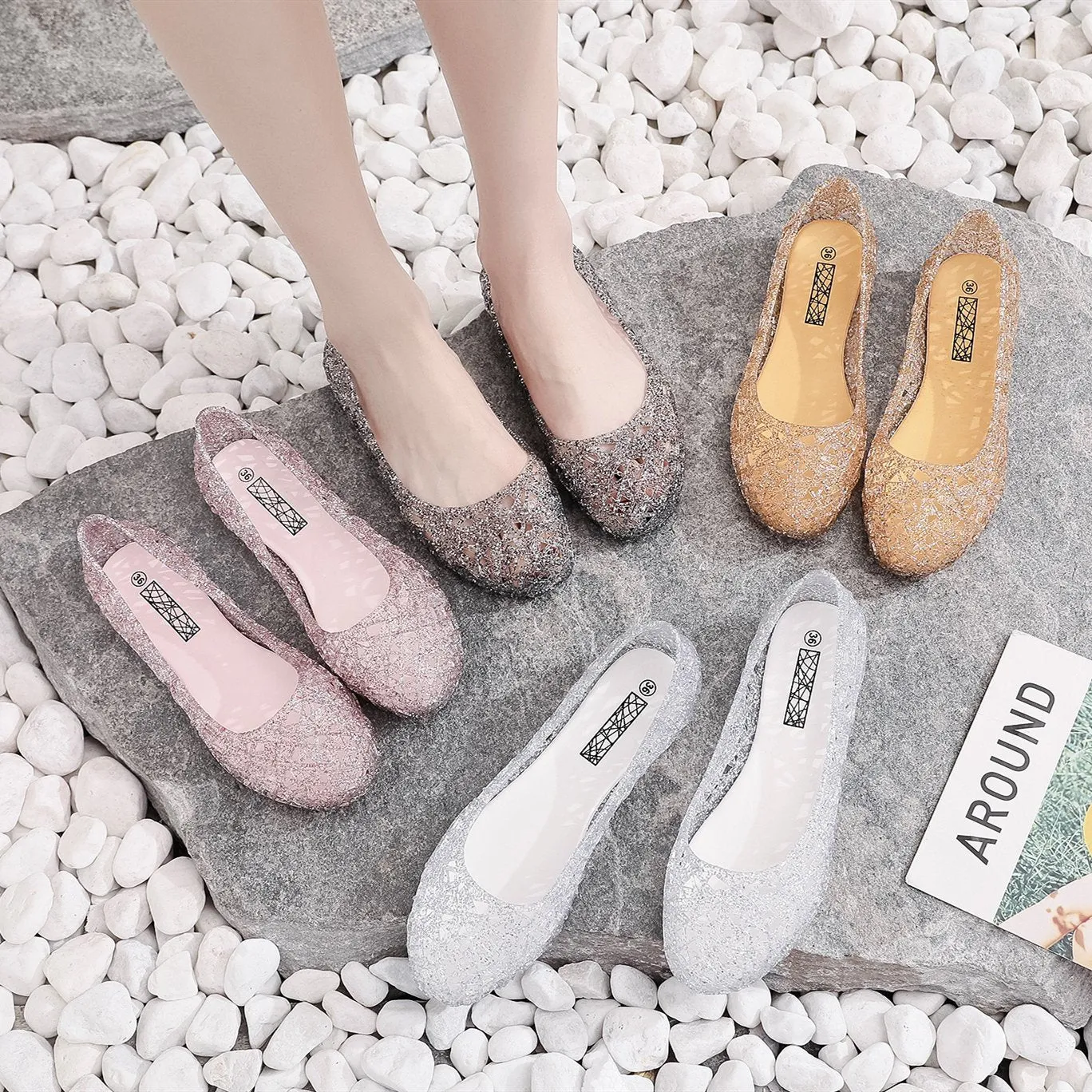 Women's hollow rhinestone jelly flats cute slip on shoes