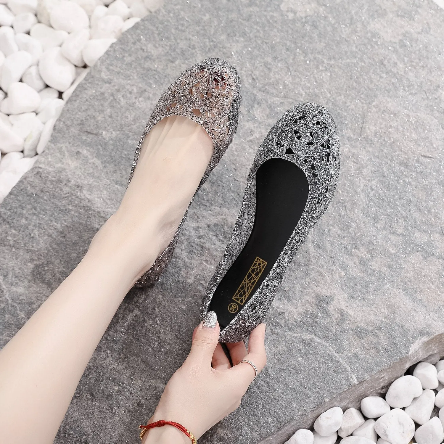 Women's hollow rhinestone jelly flats cute slip on shoes