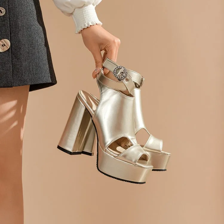 Women's Jelly Color Peep Toe Hollow Out Rhinestone Chunky Heel Platform Sandals