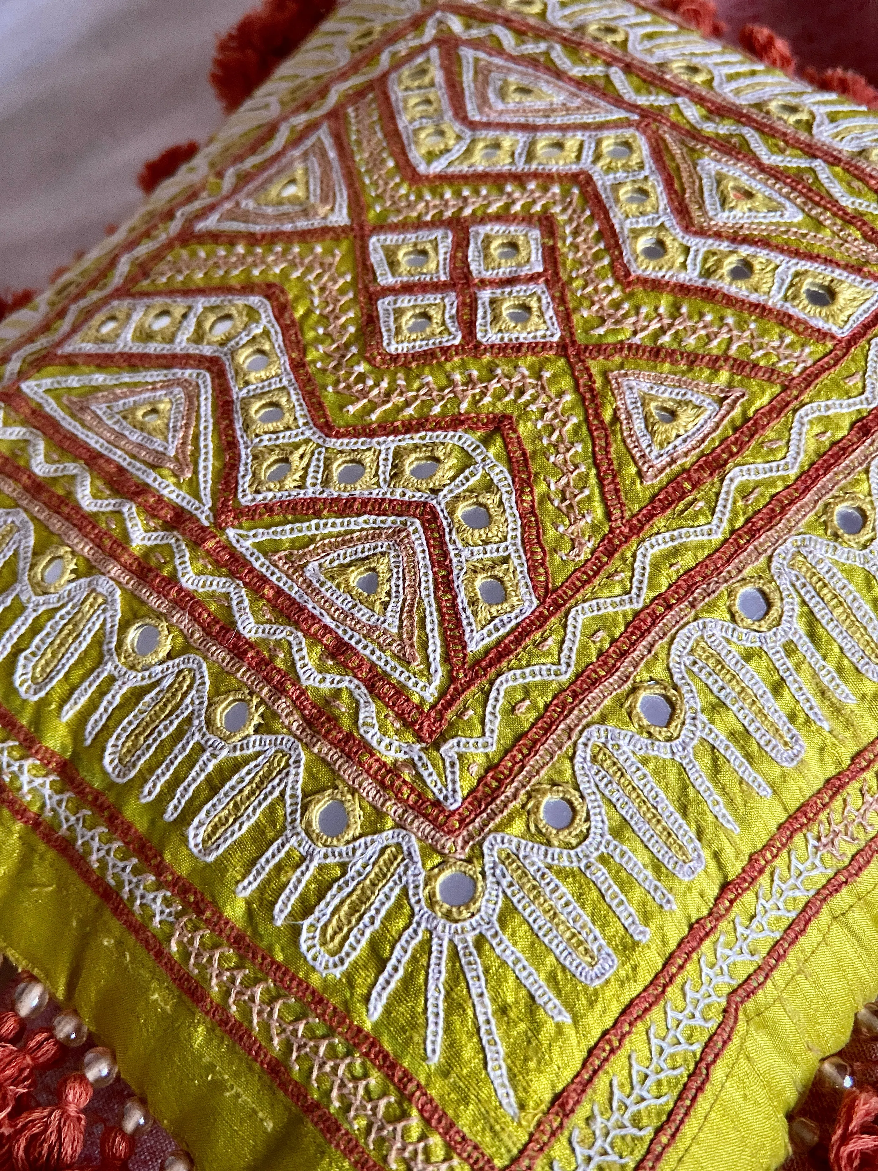 Yellow Rabari Hand Embroidered Cushion Cover | Handwoven Silk | by Lachuben Raja