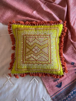 Yellow Rabari Hand Embroidered Cushion Cover | Handwoven Silk | by Lachuben Raja