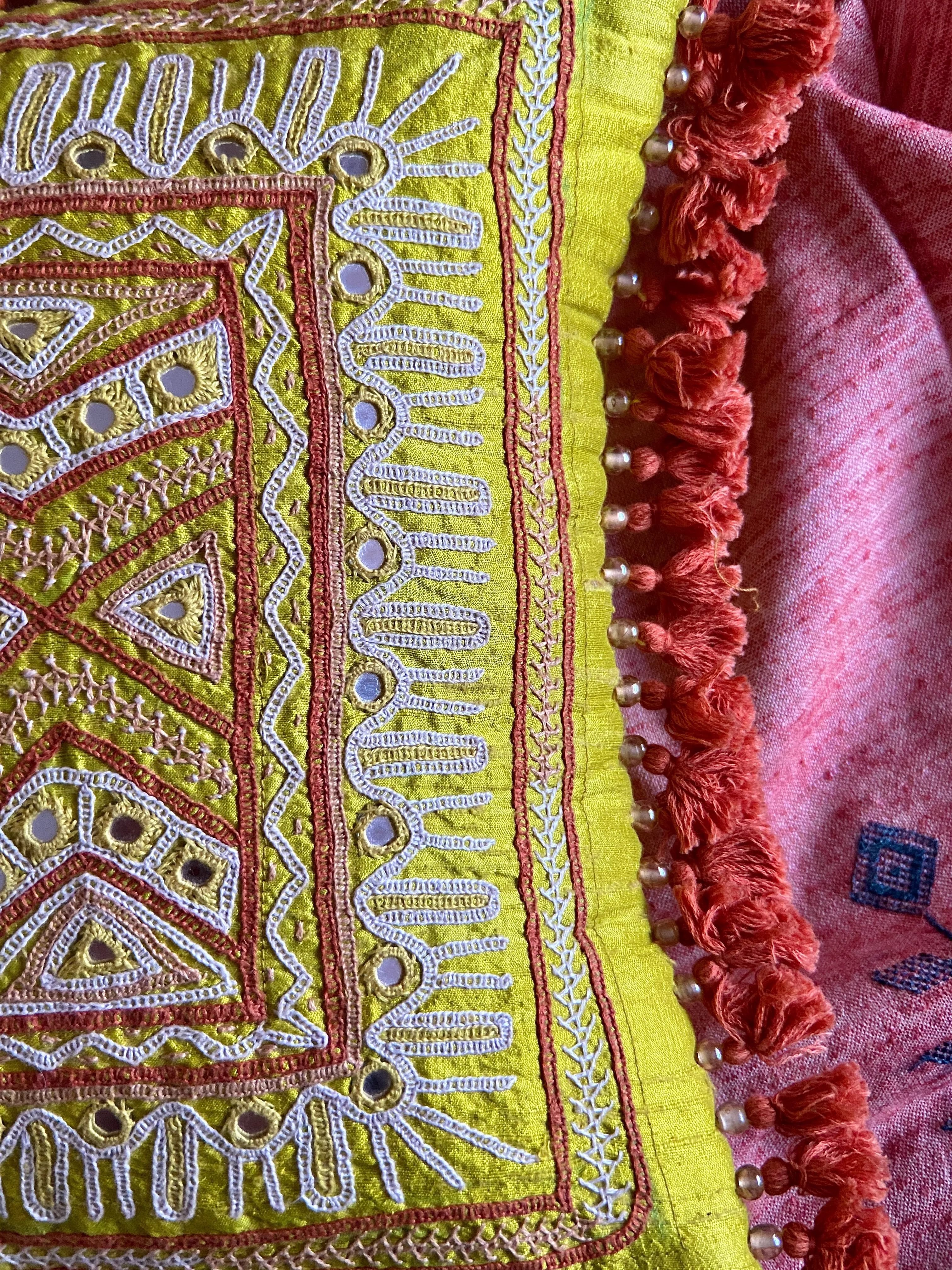 Yellow Rabari Hand Embroidered Cushion Cover | Handwoven Silk | by Lachuben Raja