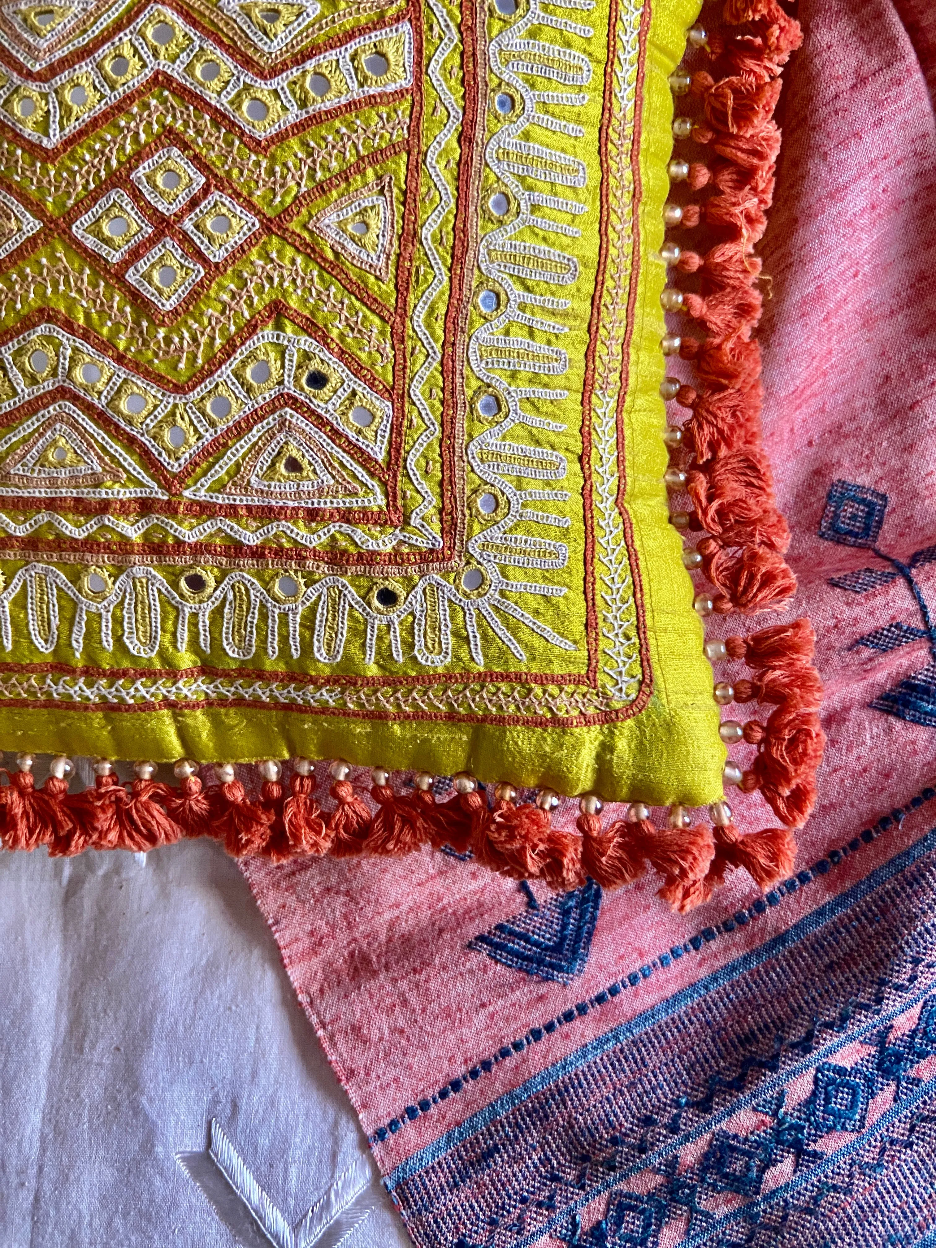 Yellow Rabari Hand Embroidered Cushion Cover | Handwoven Silk | by Lachuben Raja