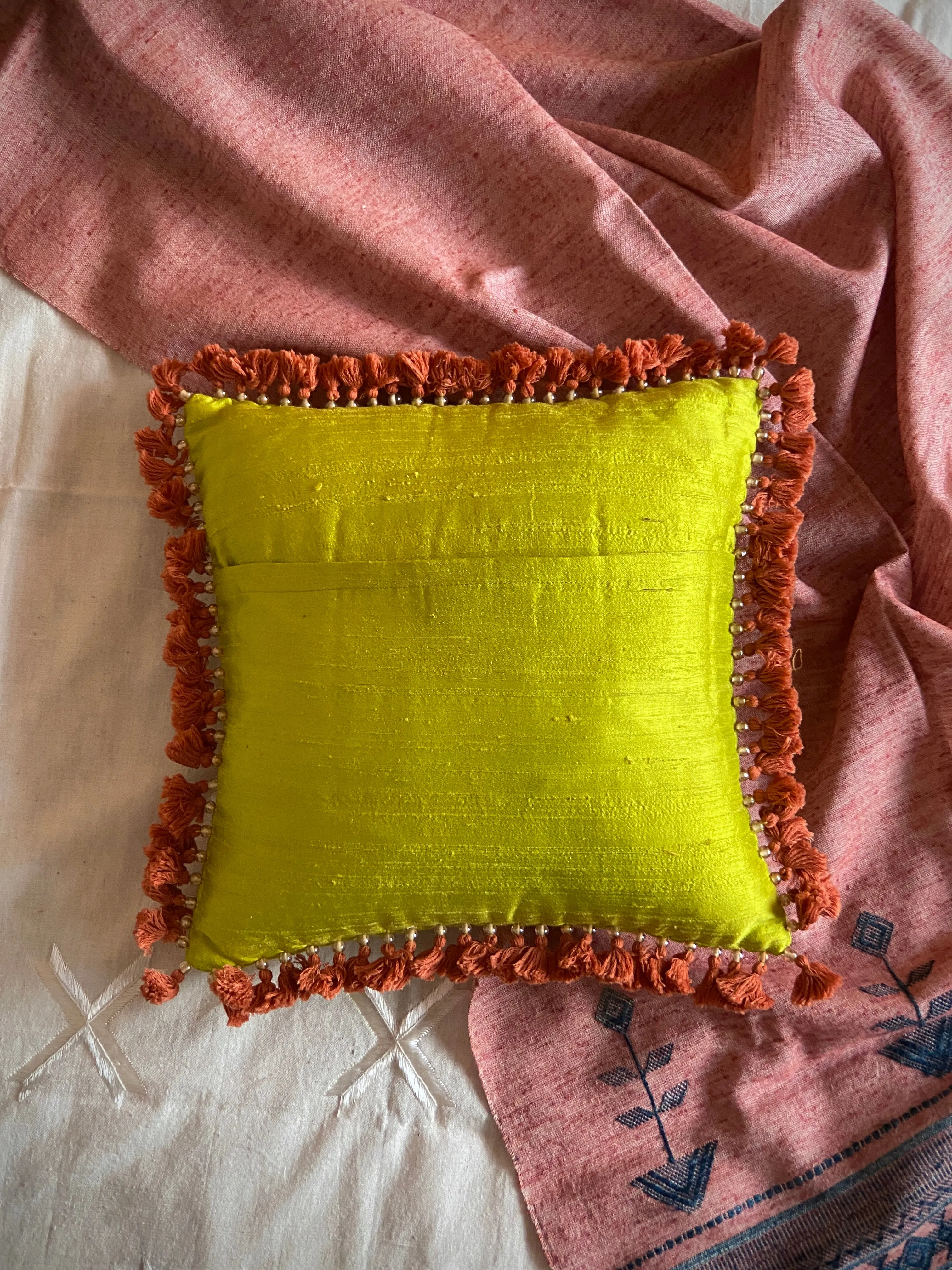Yellow Rabari Hand Embroidered Cushion Cover | Handwoven Silk | by Lachuben Raja